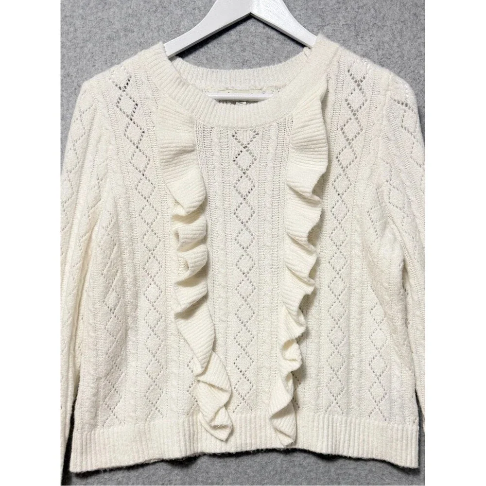 Francesca's Lorain Ruffled Pointelle Sweater Size Large Ivory Cozy Flounce Cuff